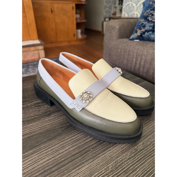 GANNI Light Blue, Hunter Green, and Crème Color Block Loafers Sz. 40 - Picture 8 of 10